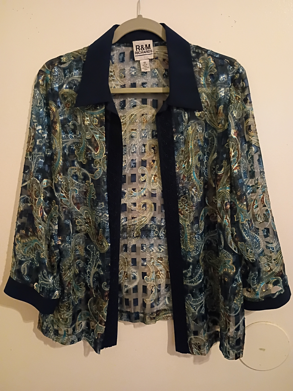 R&M Richards Sheer Paisley Open-Front Cardigan - Teal & Navy Sz 14